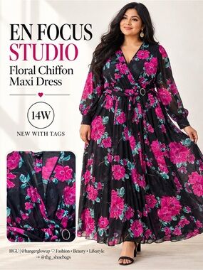 En Focus Studio Floral Chiffon Maxi Dress Black Fuchsia Belted 14W NWT